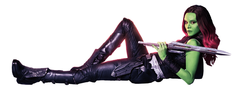 Gamora lying down displaying her sword.