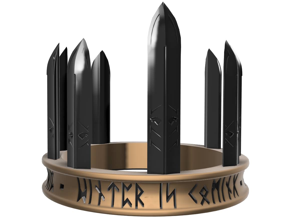 Front render of ASOIAF's Crown of Winter. Black spikes atop a bronze inscribed circlet.