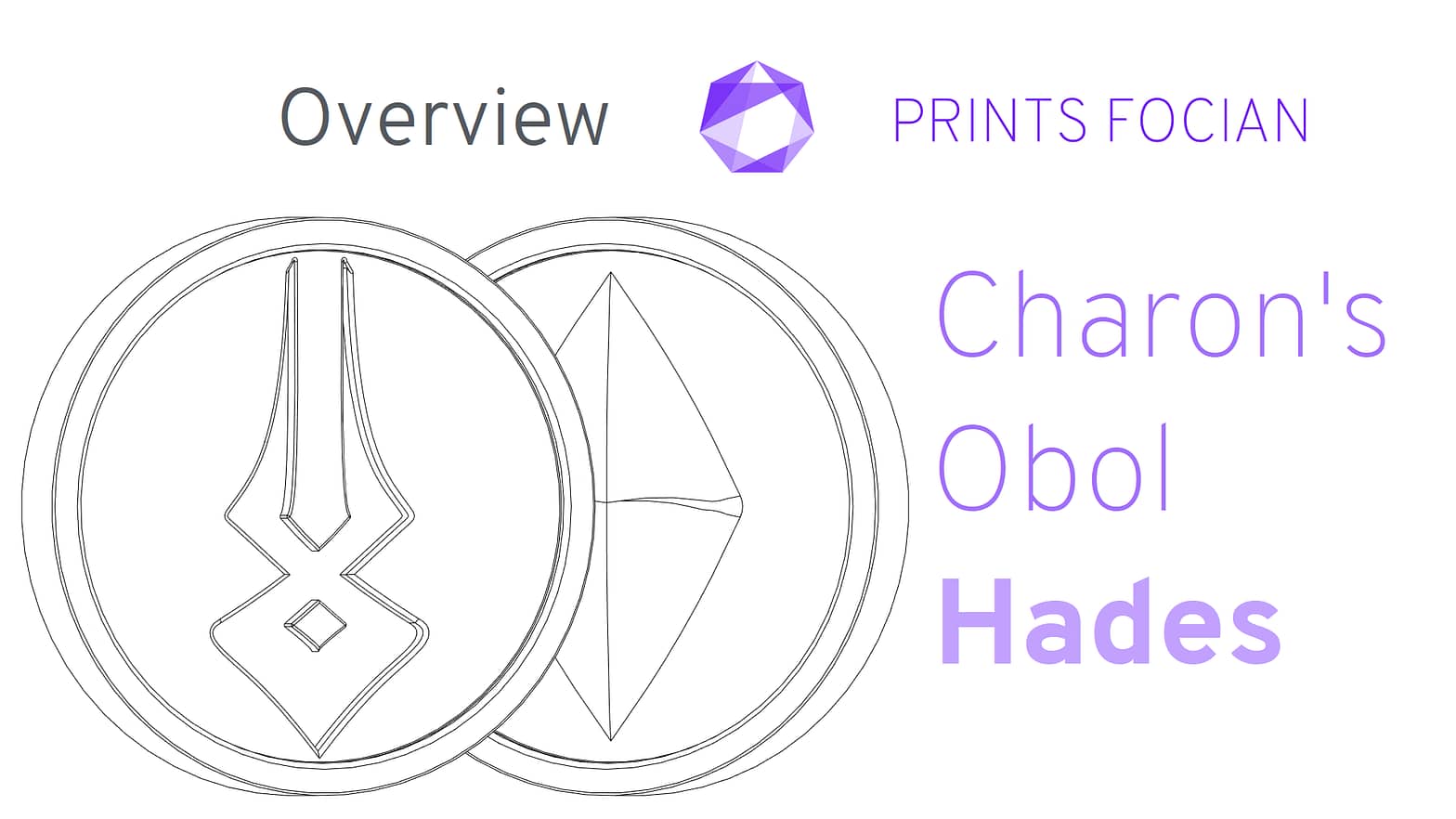 Wireframe image of Charon's Obol on a white background. Prints Focian Icon top and central. Text: Purple Prints Focian, Charon's Obol, and Hades. Dark grey text Overview