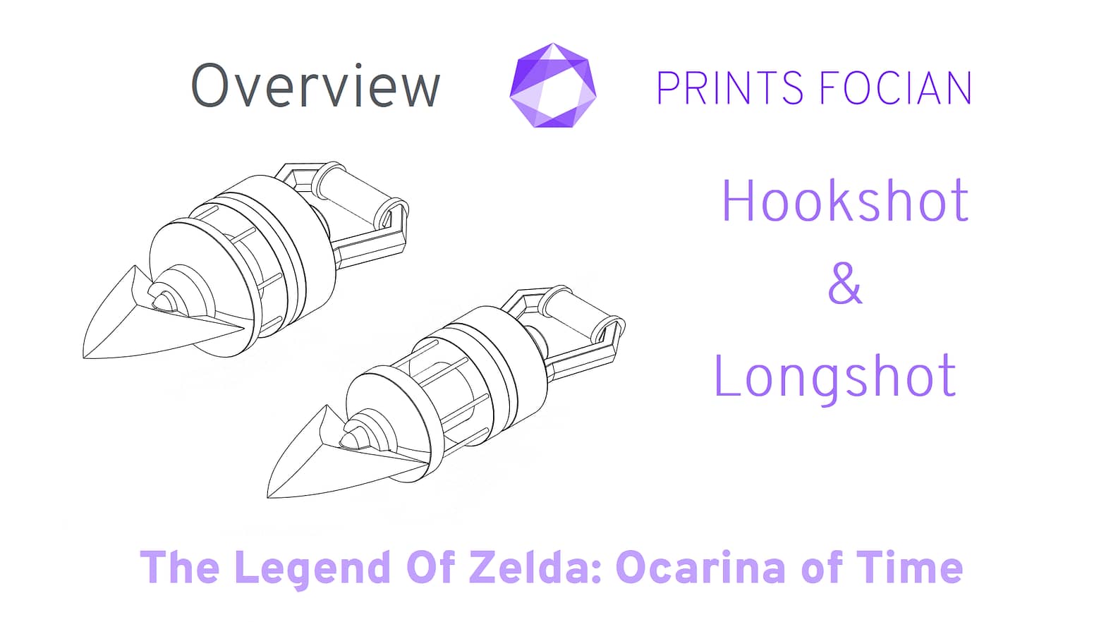 Wireframe image of the Hookshot and Longshot on a white background. Prints Focian Icon top and central. Text: Purple Prints Focian, Hookshot & Longshot, The Legend of Zelda: Ocarina of Time and dark grey Overview
