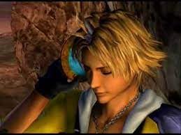 Image of Tidus holding the Memory Sphere to his ear like a phone.