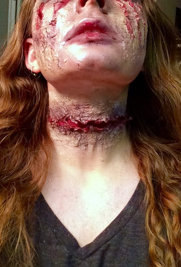 A rather horrific and gory looking neck wound on Lady Stoneheart cosplay from ASOIAF.