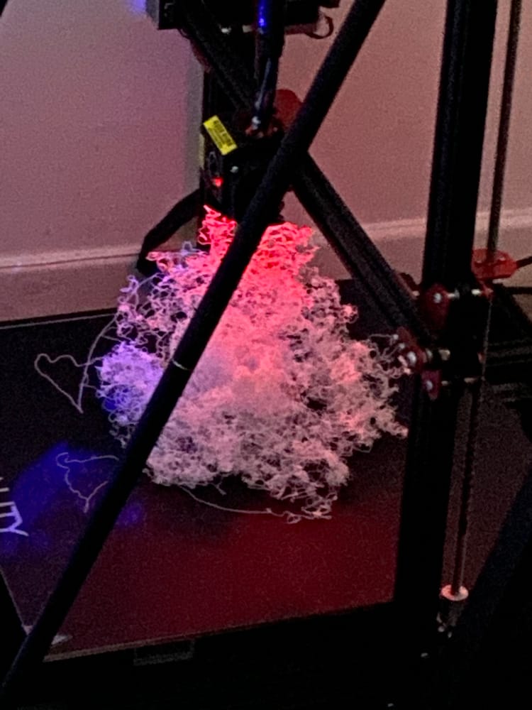 An epic failure in an image. The print failed and it's a huge ball of PLA cotton candy.