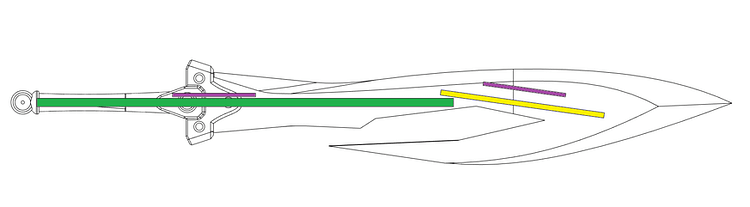 Image of design of Tidus' first sword with Raw Build Support Rods highlighted