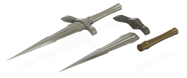 Exploded and complete renders of lokis daggers side by side