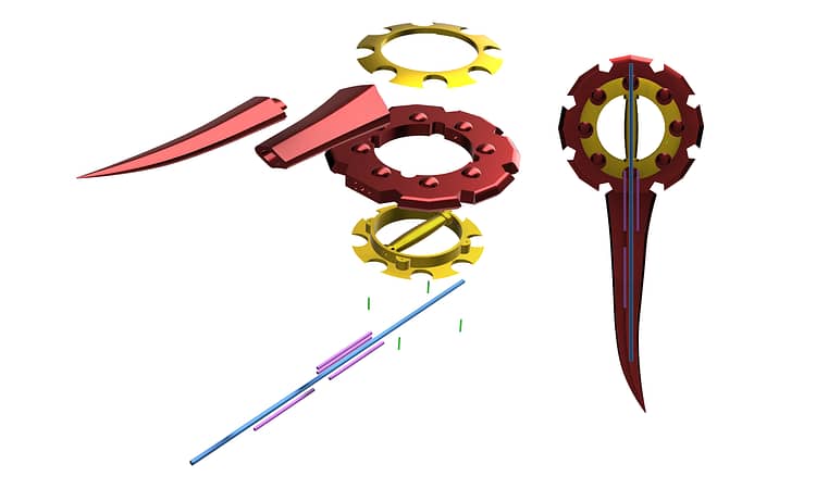 Exlpoded view of Rikku's daggers FFX-2 and suggested support rods overlayed.