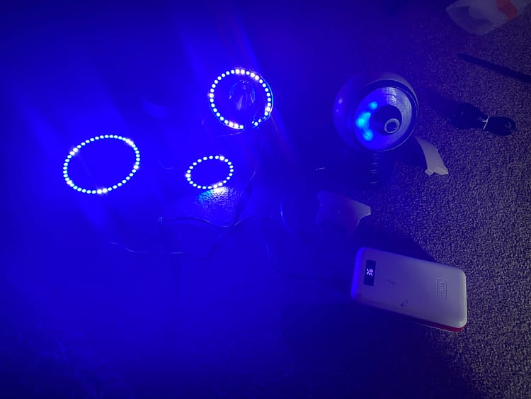 A battery powering mutliple LED rings and a Symmetra turret.