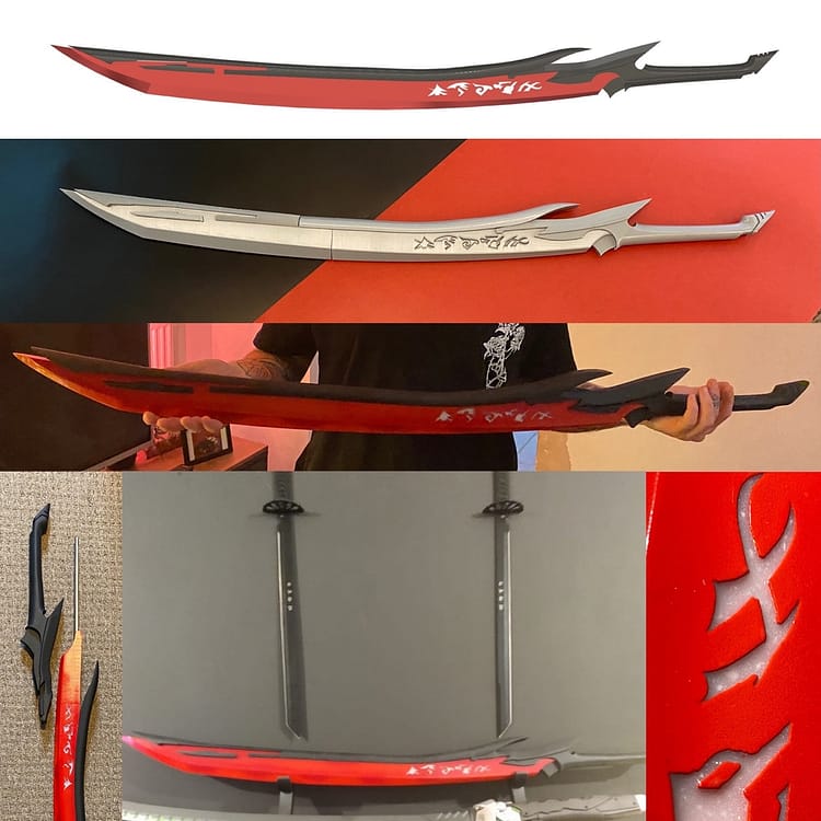 Multiple versions of Yones Azakana Sword, a render, raw build and a few shots of the finished item